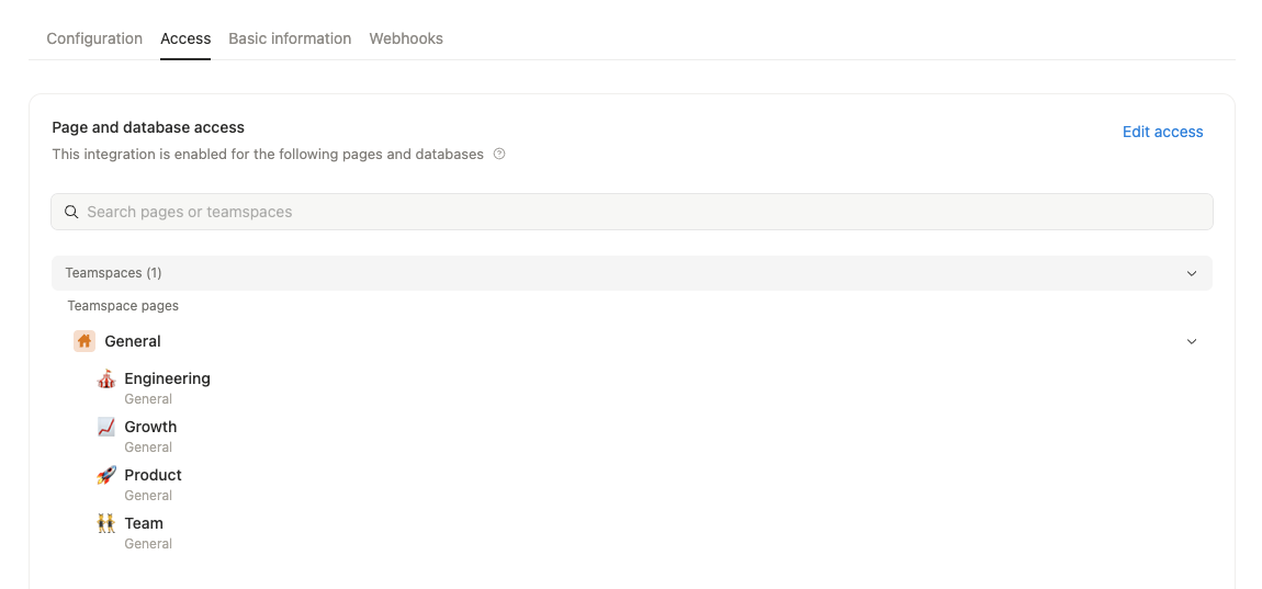 Notion integration's Access tab