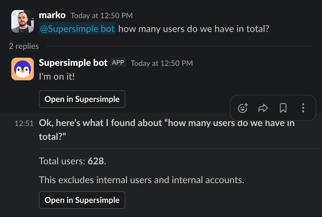 Mentioning the Supersimple bot in a Slack thread and getting an answer back