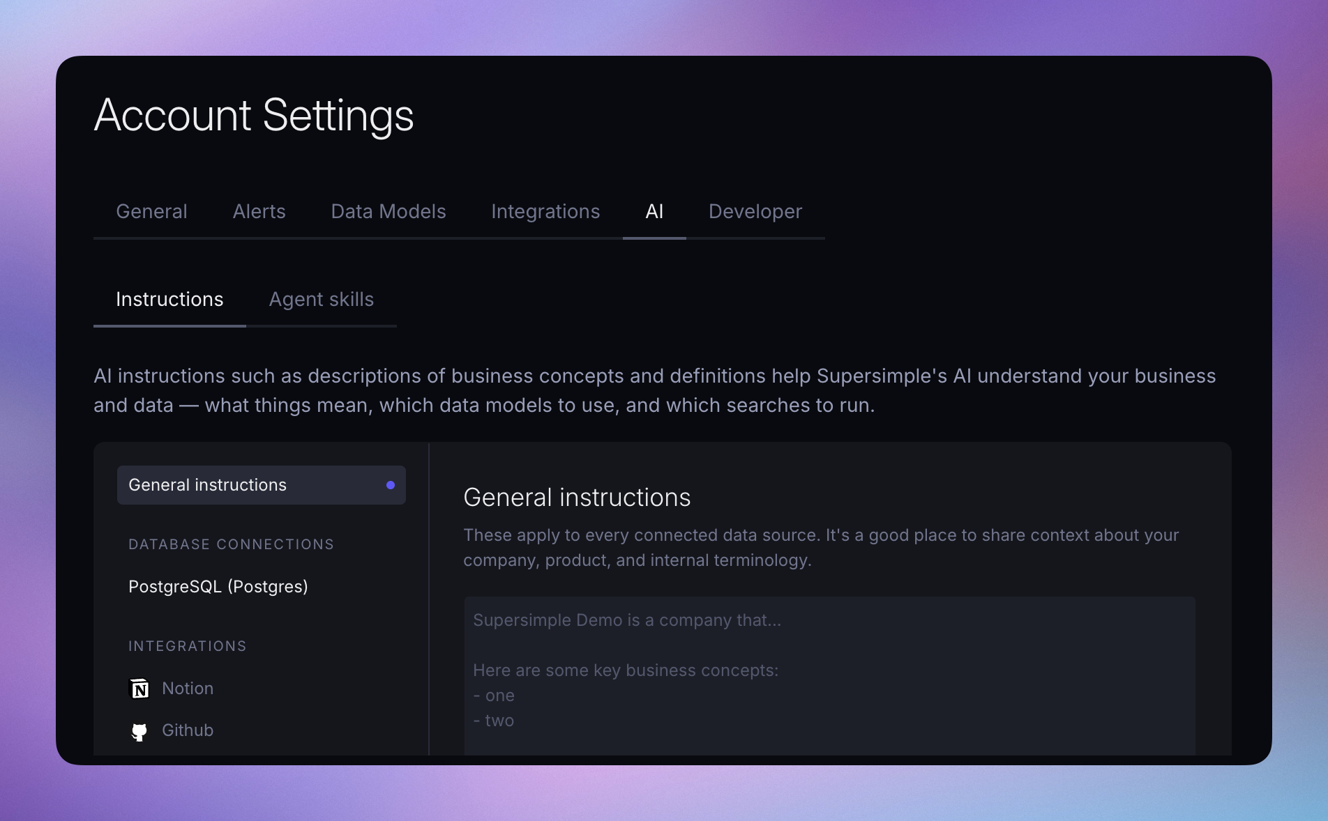 AI instructions in Account Settings