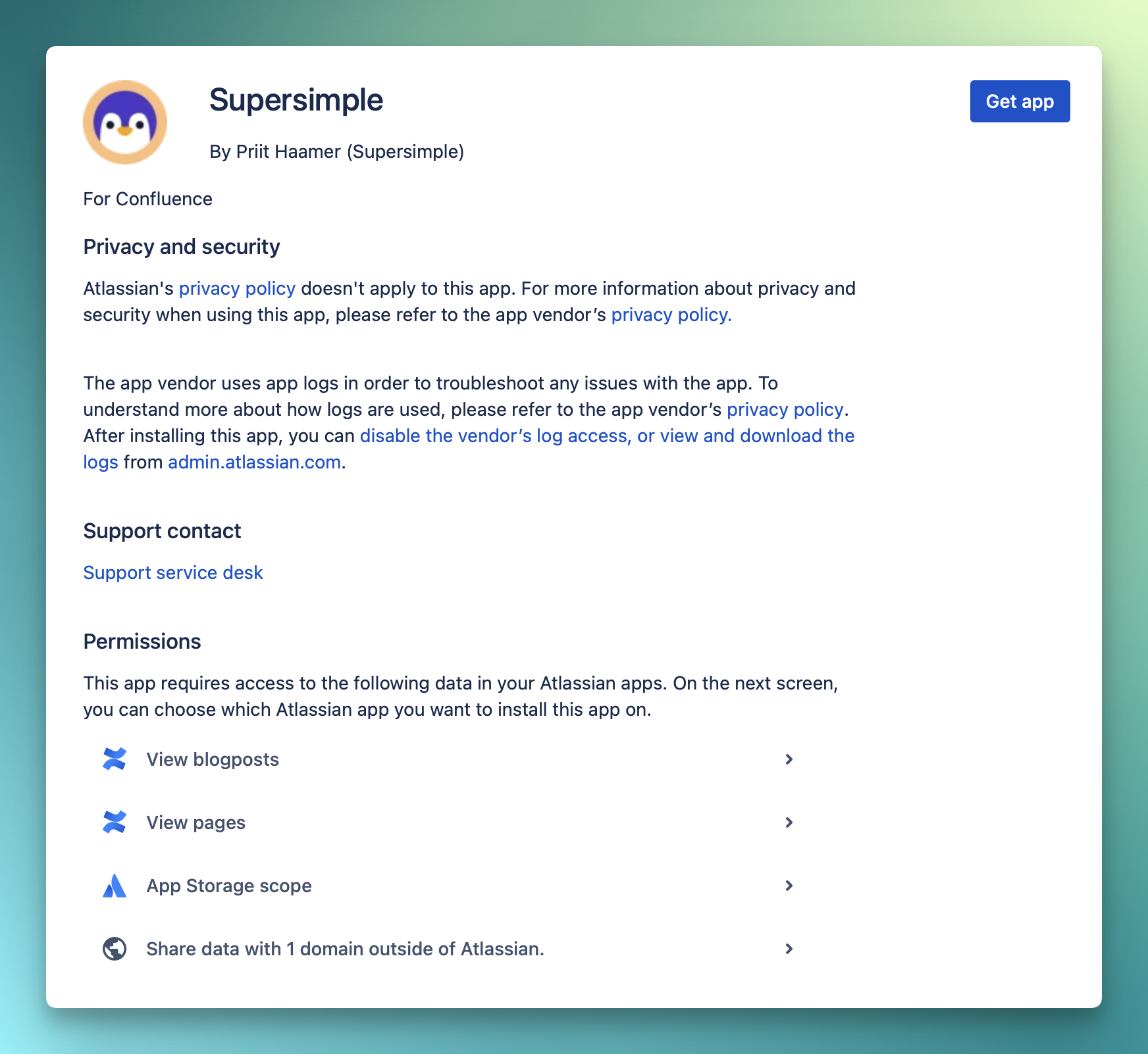 Atlassian Marketplace listing for the Supersimple Forge app