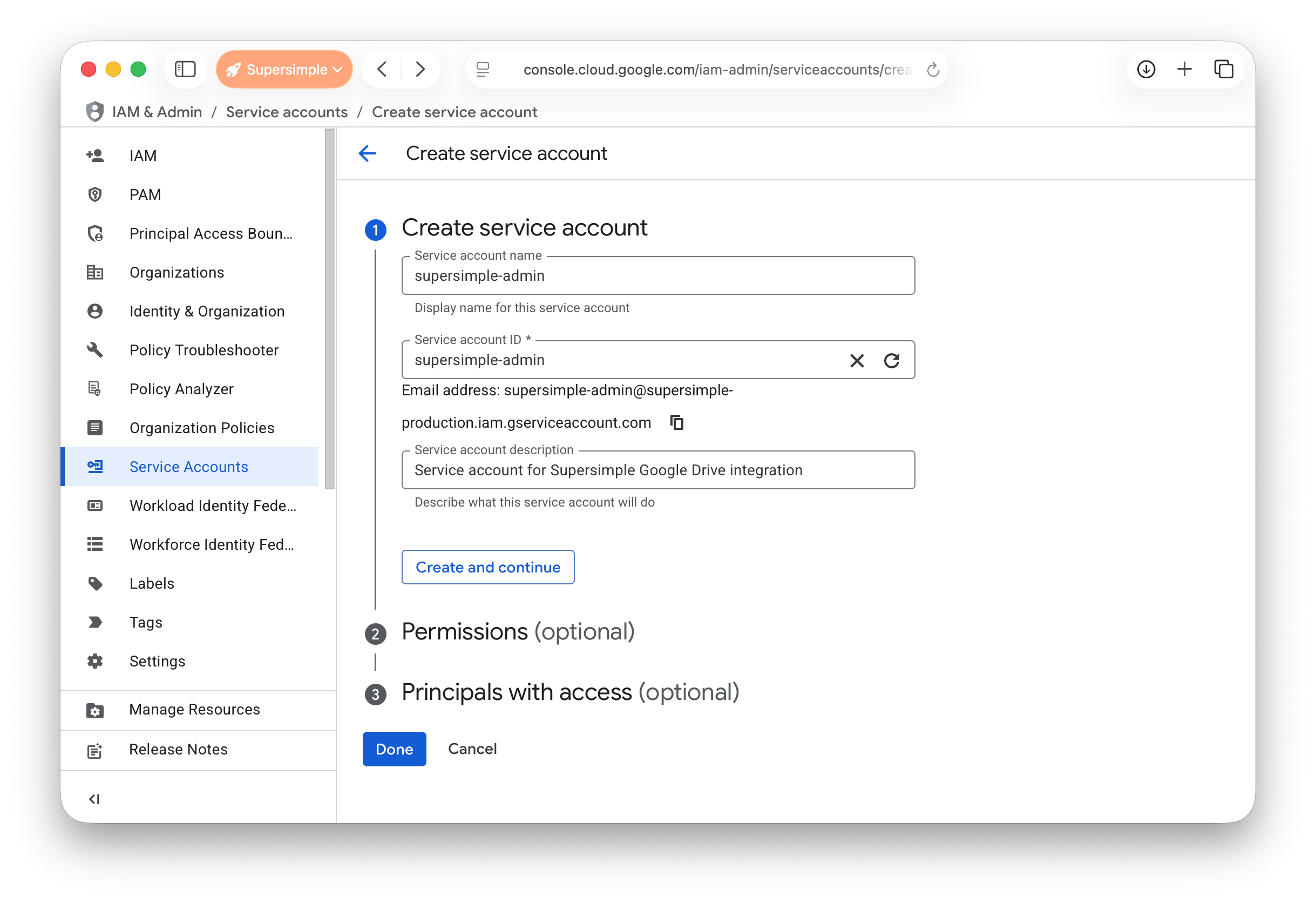 Create service account