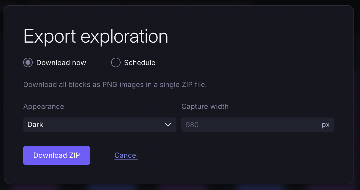 The Export exploration dialog with Download now selected, showing Appearance and Capture width options above a Download ZIP button