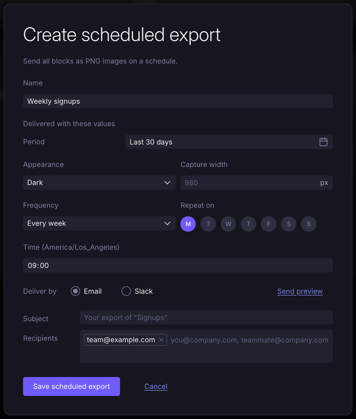 The Create scheduled export dialog, showing name, variable value, frequency, weekday, time and email delivery fields above a Save scheduled export button