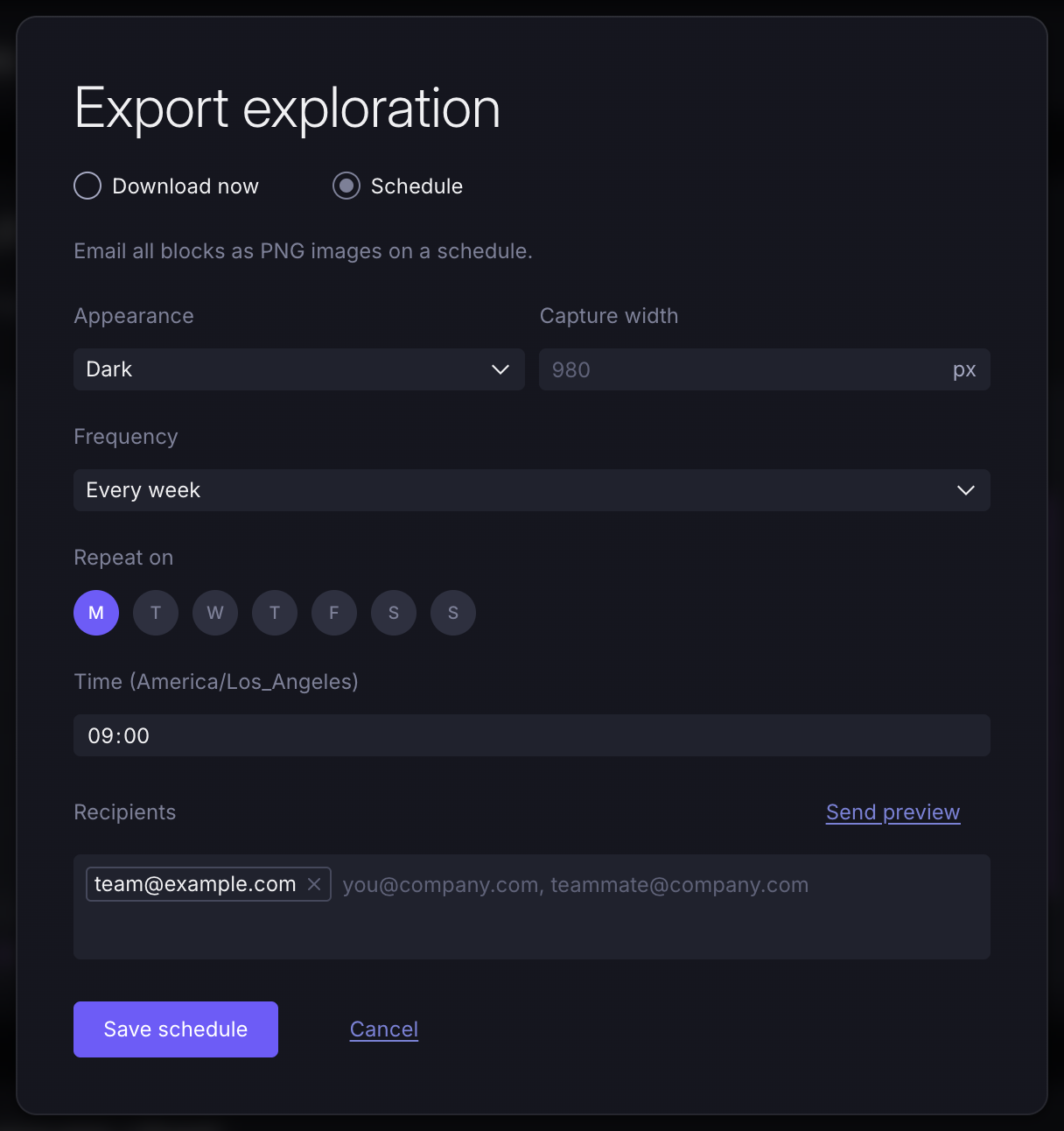 The Export exploration dialog with Schedule selected, showing frequency, weekday, time and recipient fields above a Save schedule button