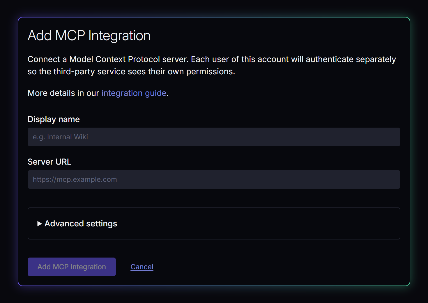 Custom MCP integration form in Supersimple