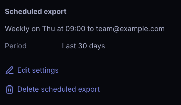 The Scheduled export section of the right sidebar, showing the delivery schedule and recipient, the variable values, and the Edit settings and Delete scheduled export actions