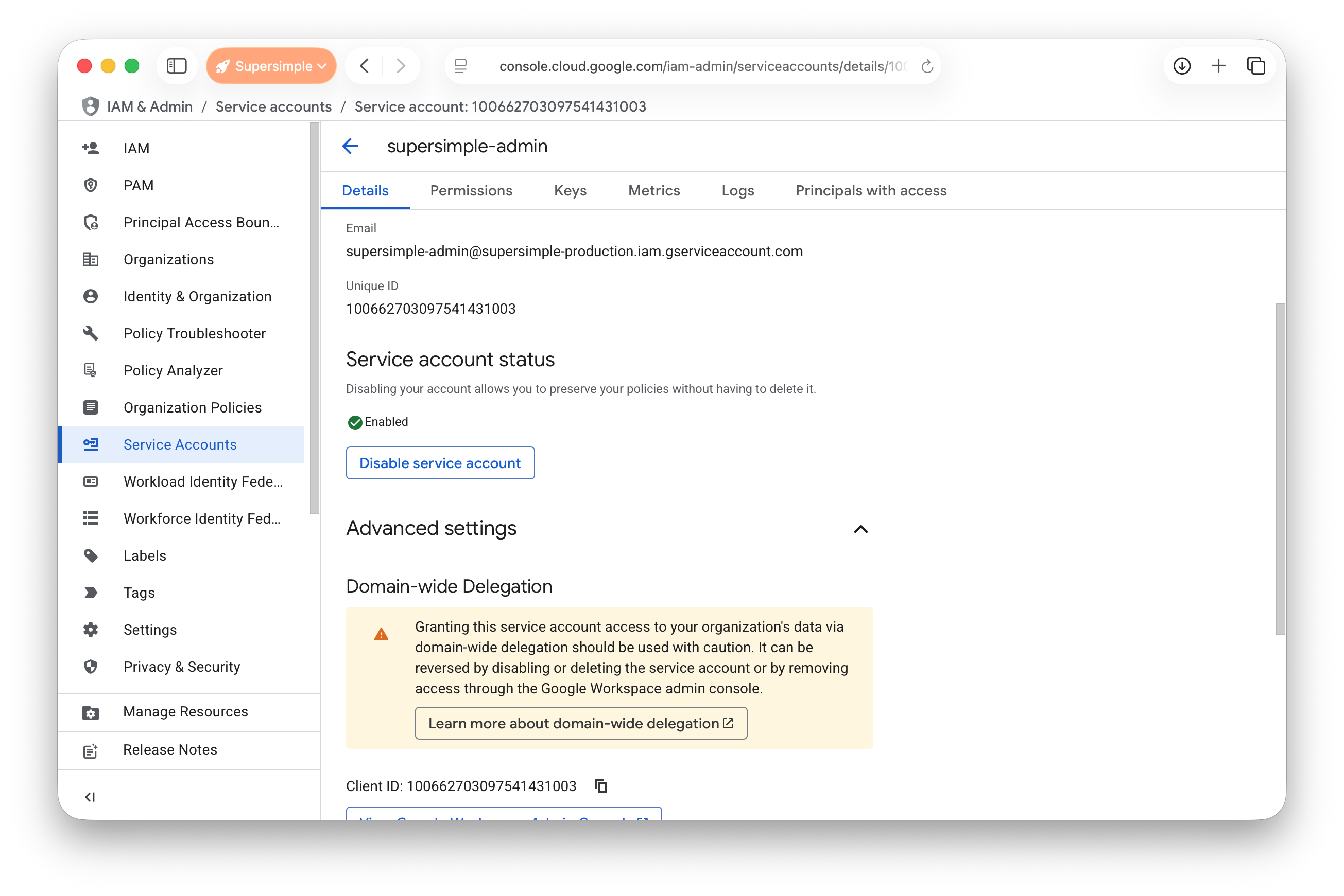 Service account domain-wide delegation